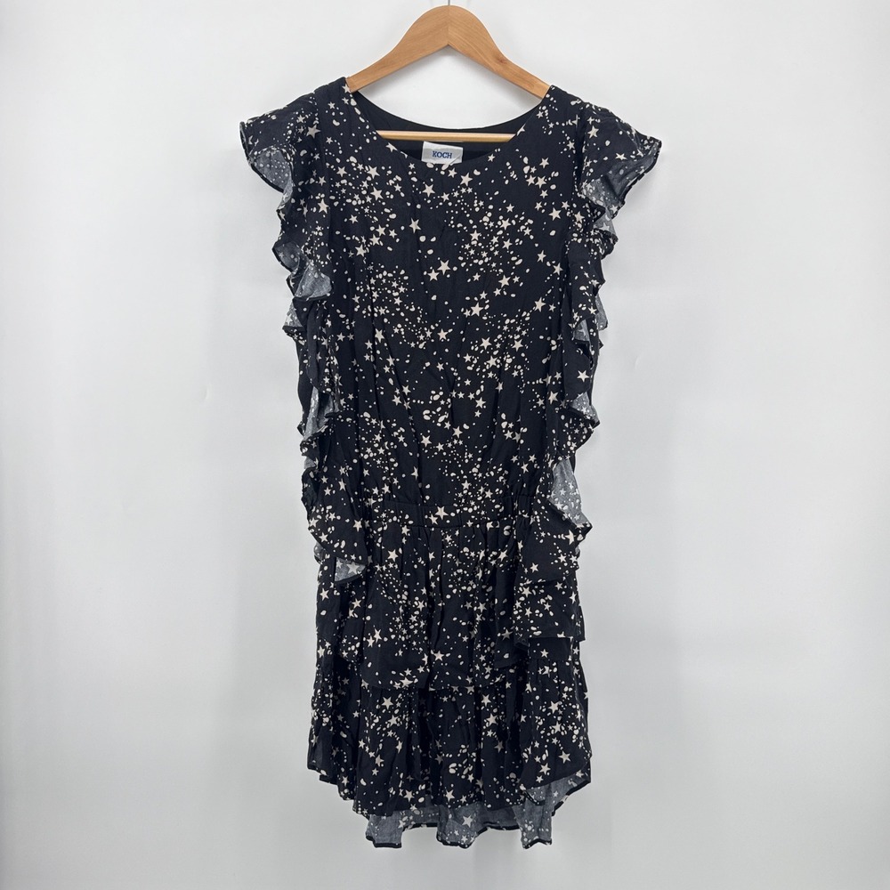 KOCH Madison Dress Black White Stars Ruffle Tiered Made USA Women's Medium $320